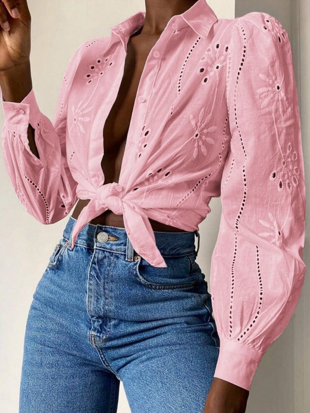 Pink Boho Women's Embroidered Hollow Out Embroidery Blouse - Picture 8 of 10